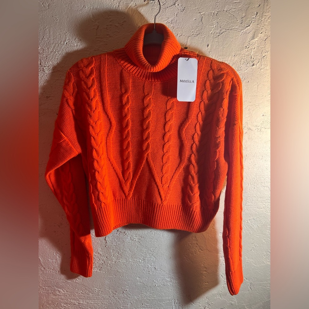 Orange NWT Cable Knit Turtleneck Sweater crop loose fit cabincore gorpcore L XL